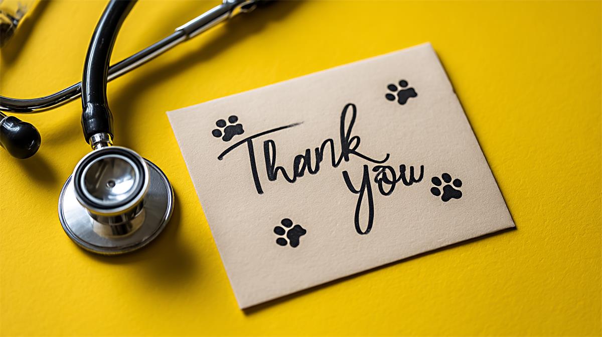Thank you card with paw prints near a veterinary stethoscope, gratitude to veterinarians, Veterinarian's Day 